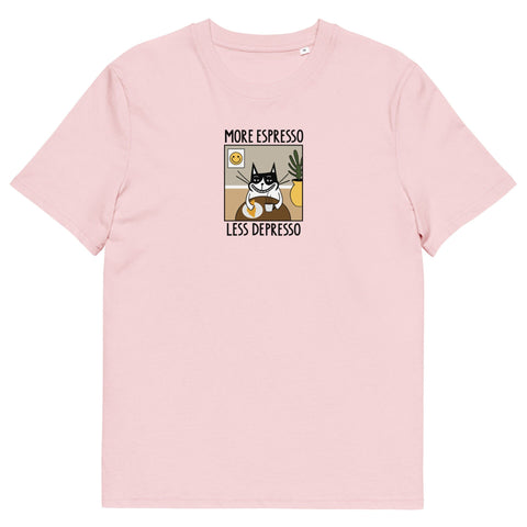 3. Studio shot of pink unisex T-shirt with 'More Espresso Less Depresso' print, front view