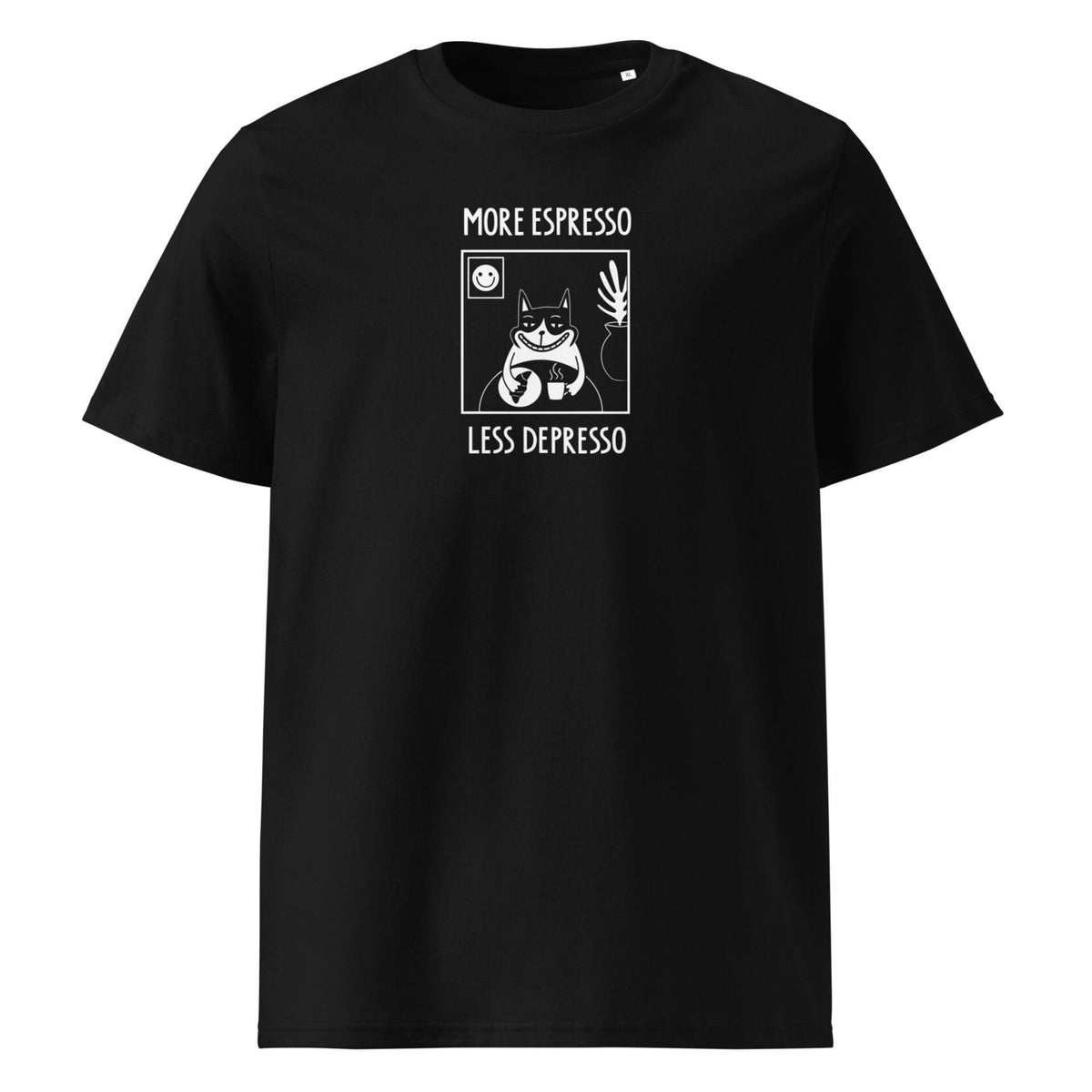 5. Studio shot of black unisex T-shirt with 'More Espresso Less Depresso' print, front view