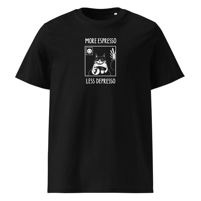 5. Studio shot of black unisex T-shirt with 'More Espresso Less Depresso' print, front view