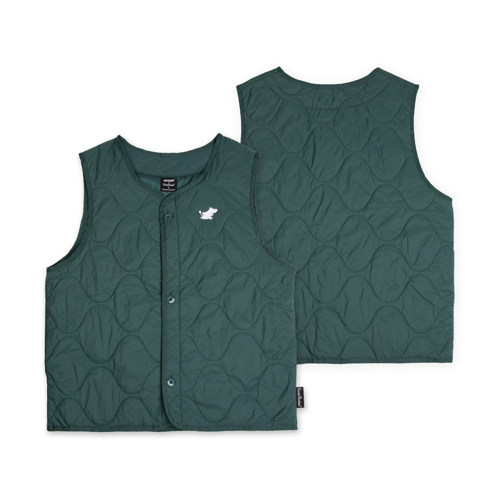 4. Front and back view of green unisex vest with Moomin logo on white background