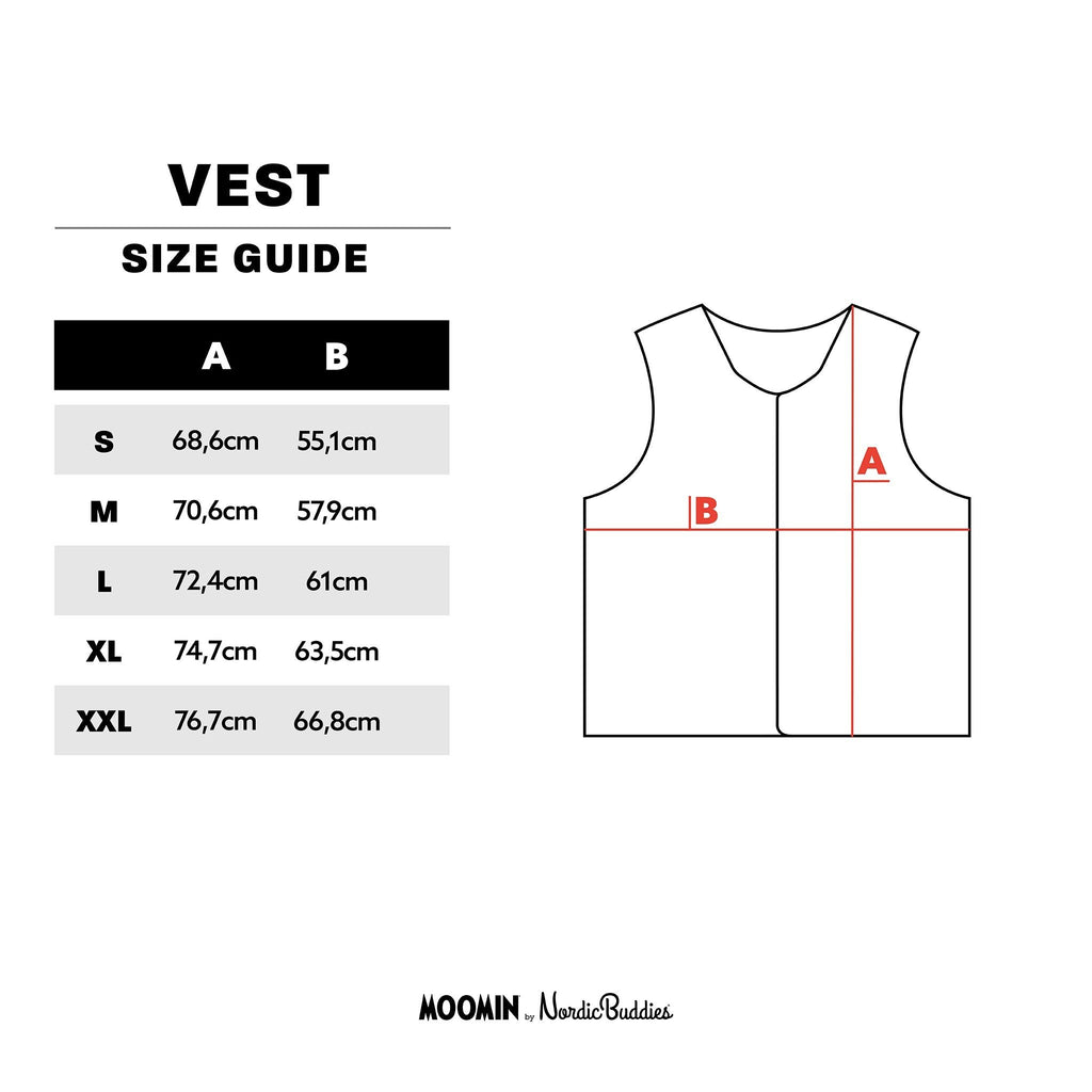 7. Size chart for unisex vest by Moomin NordicBuddies, showing measurements for sizes S to XXL