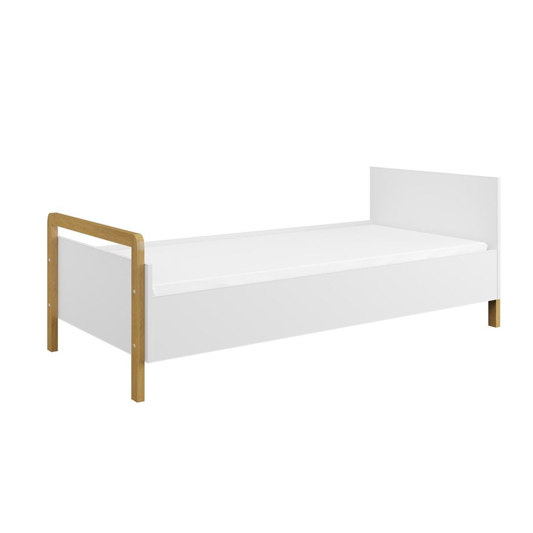 2. Studio shot of Victor children's bed with white surfaces and solid oak accents on a clean background