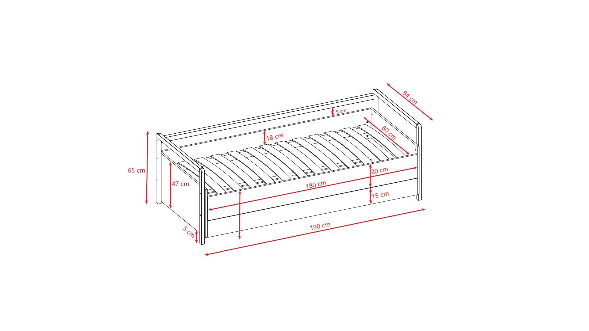 5. Size chart for Victor daybed with drawers showing dimensions in centimeters