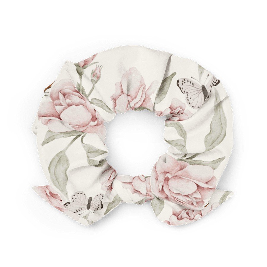 1. Vintage floral butterfly scrunchie with pink flowers and black butterflies on white background, made from recycled polyester by Flowery Stories