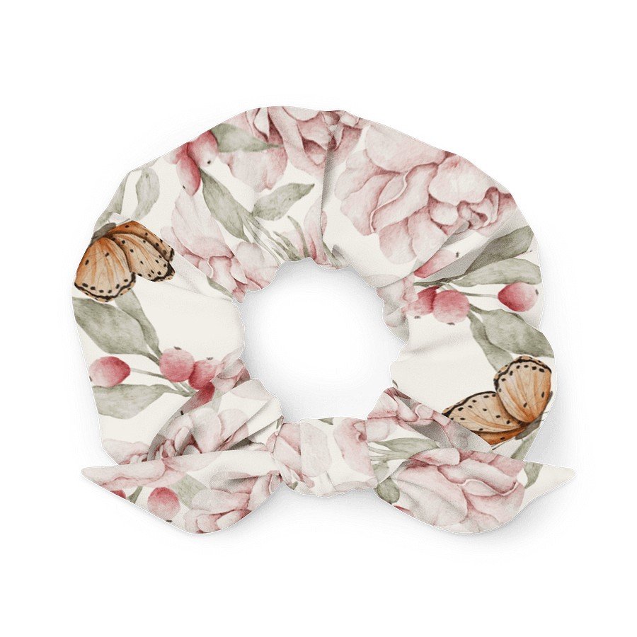 2. Vintage floral butterfly scrunchie featuring pink flowers and orange butterflies on white background, eco-friendly design by Flowery Stories