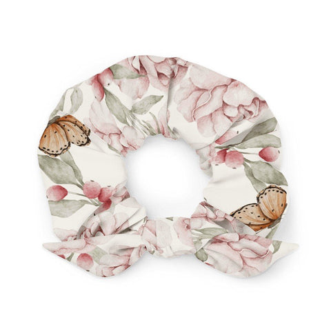 2. Vintage floral butterfly scrunchie featuring pink flowers and orange butterflies on white background, eco-friendly design by Flowery Stories