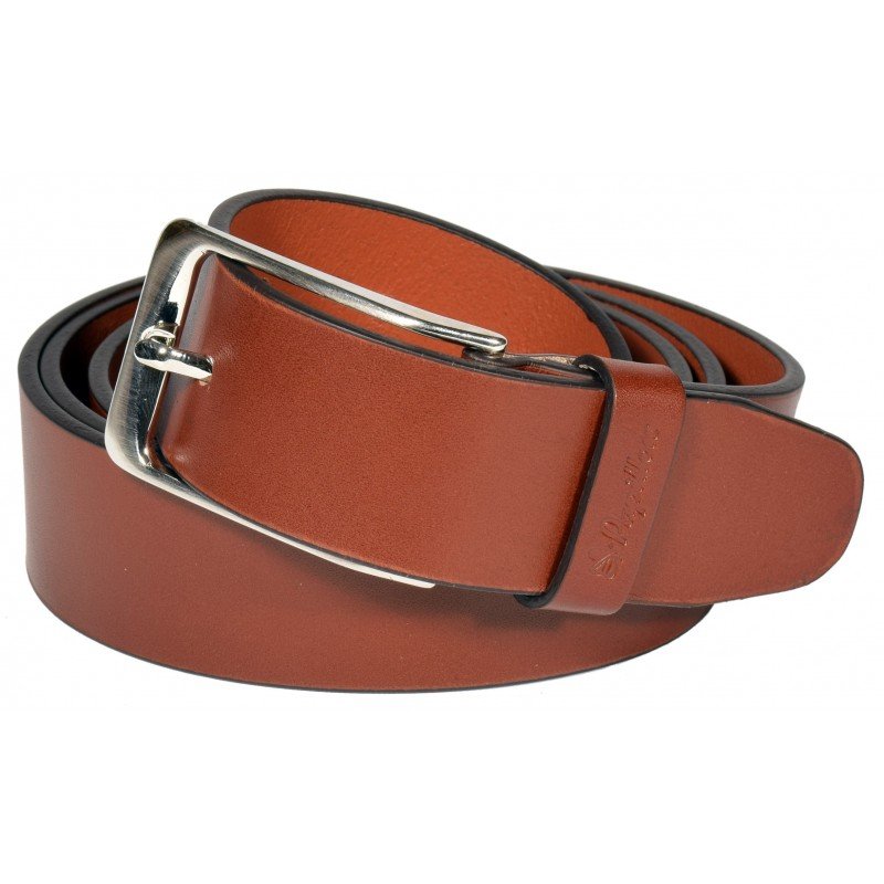 1. Men's cognac leather belt by Papillon, featuring a silver buckle, shown coiled in studio setting
