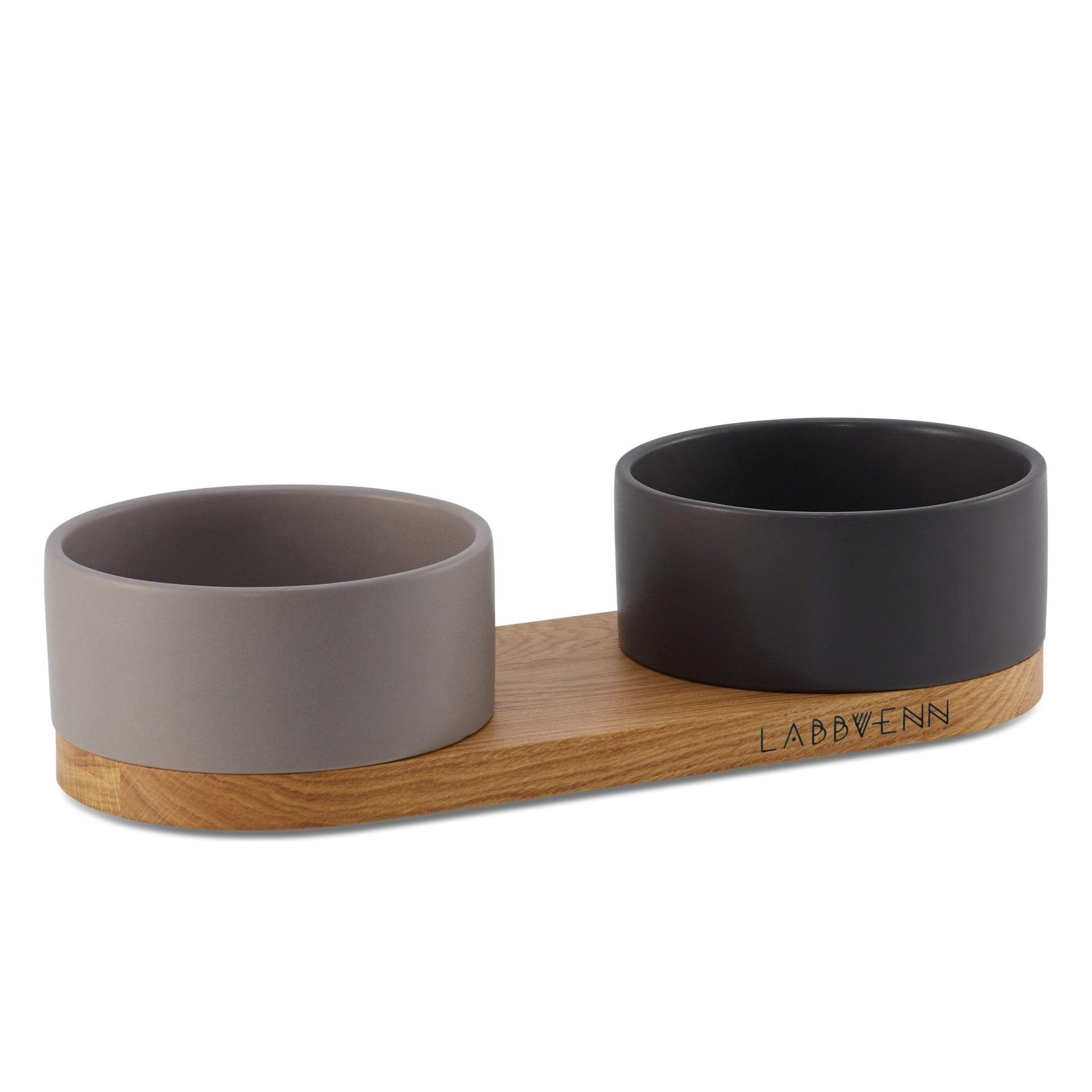 2. Labbvenn Vuku ceramic double buffet with black and cocoa bowls on oak wood base, studio shot highlighting elegant design and brand logo