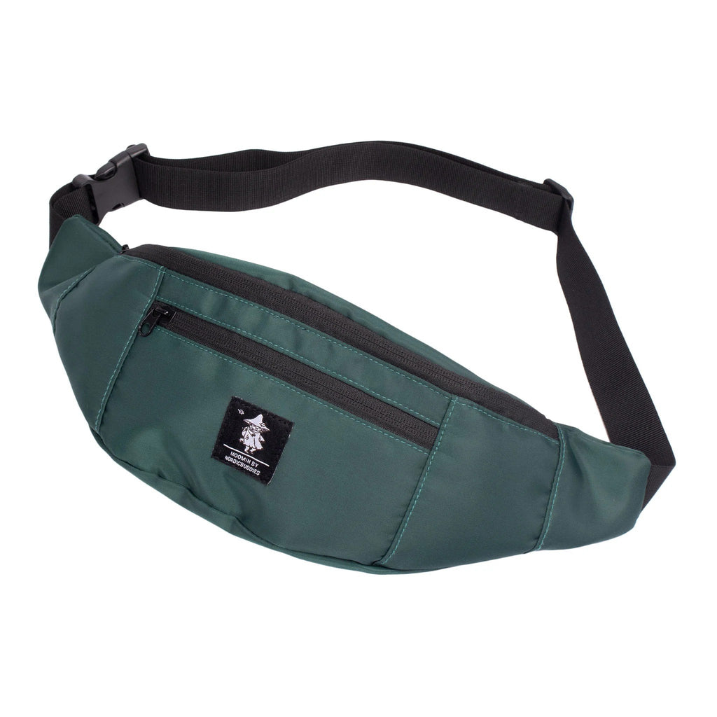 2. Studio shot of green Moomin waist bag by NordicBuddies with adjustable strap and front zipper pocket