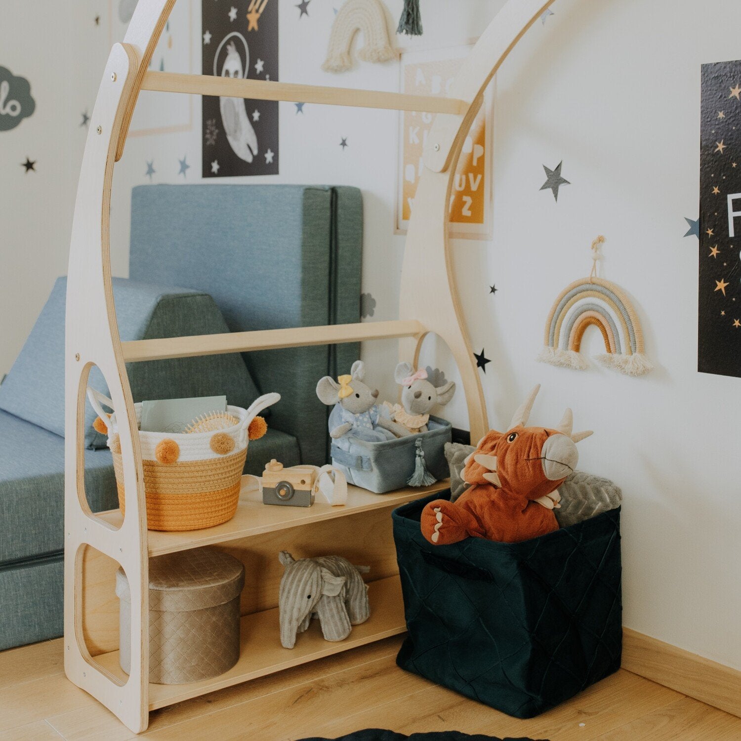 7. Close-up of Montessori play stand with toys and decorations in a children's room