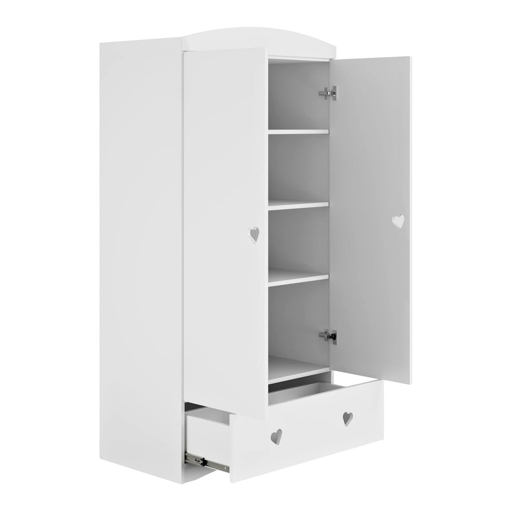 3. Open Julia wardrobe showing interior shelves and drawer with heart-shaped handles