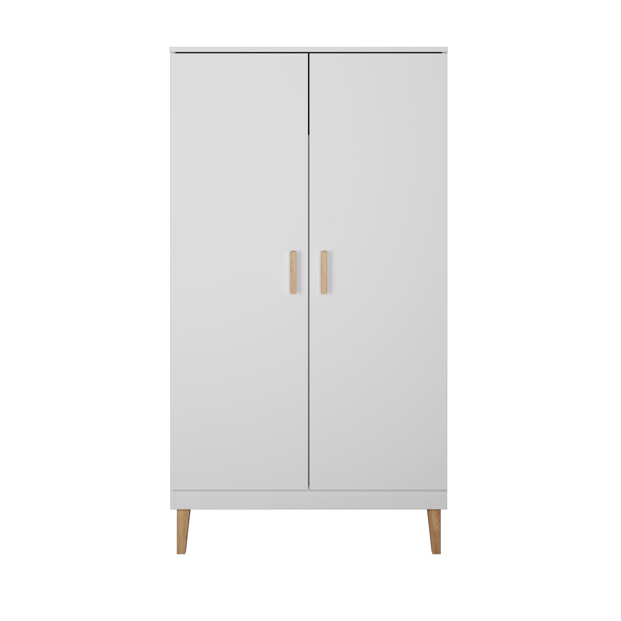 1. Front view of white Kubi wardrobe with oak handles and legs in a minimalist design