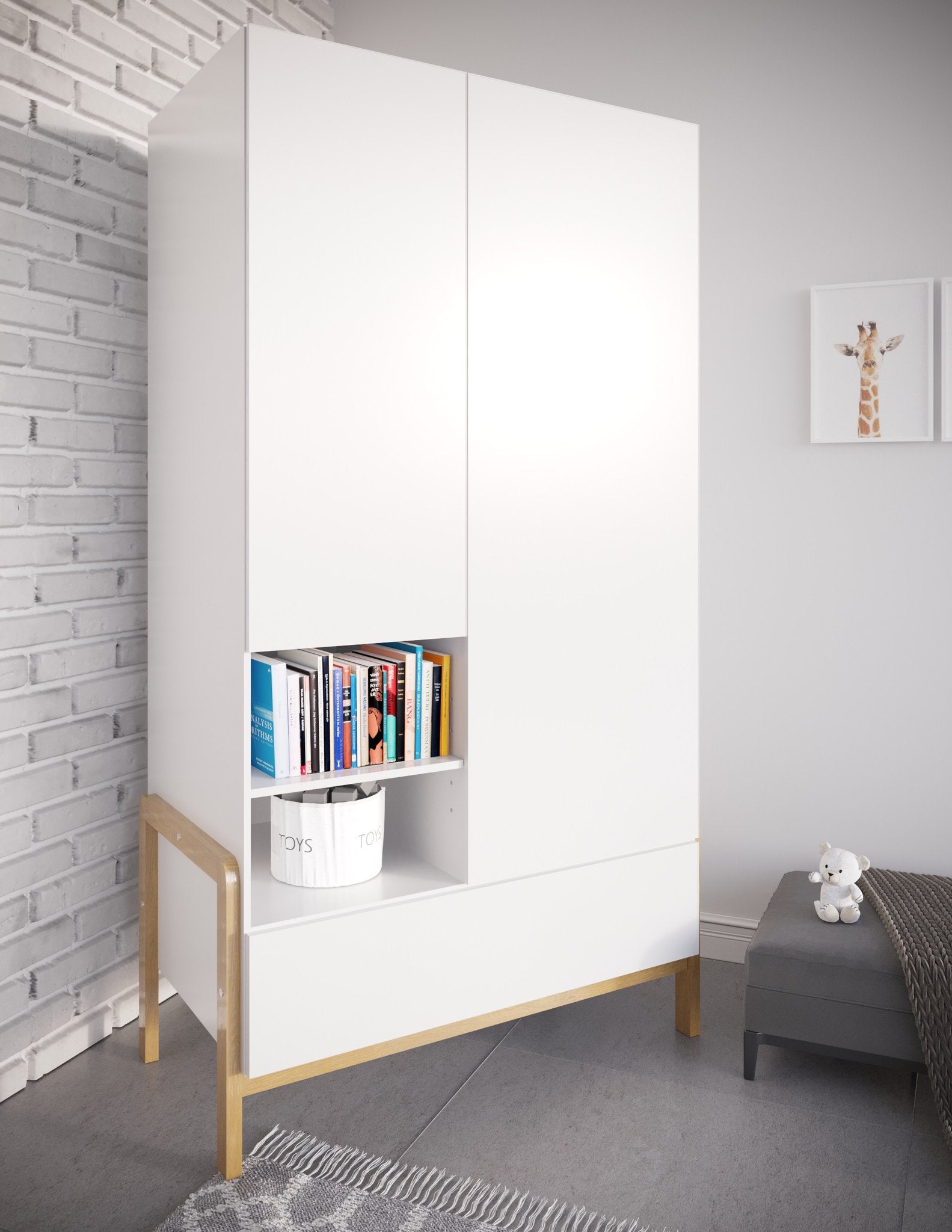 1. Kocot Kids Victor wardrobe in a child's room with books and toys on shelves