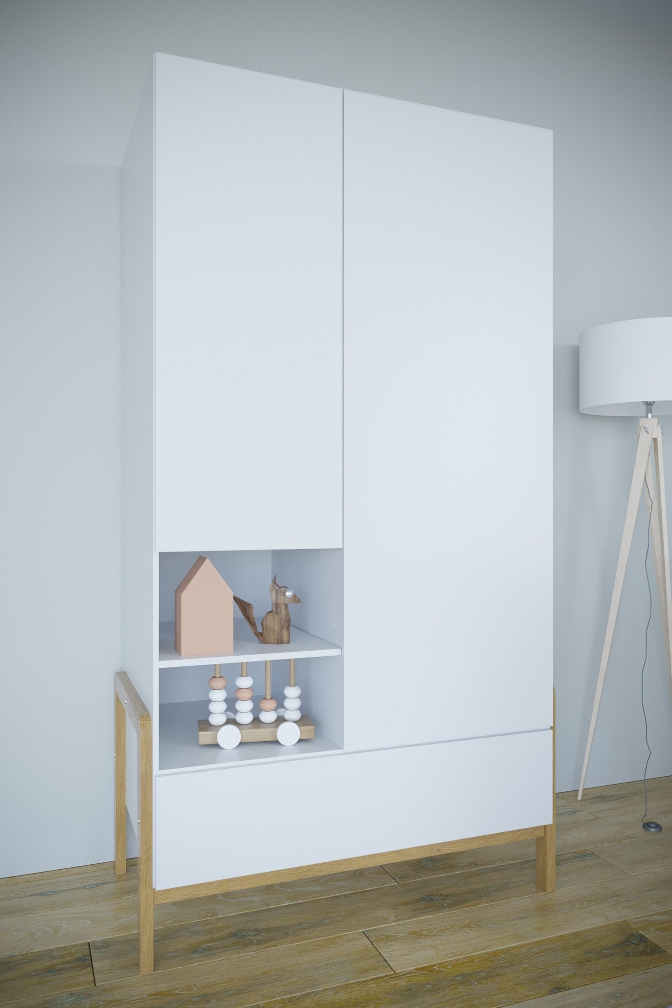 1. Kocot Kids Victor wardrobe in a modern room with toys on open shelves