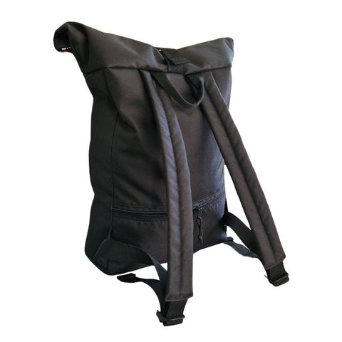 2. Back view of Drinbags waterproof rolltop backpack in black with padded shoulder straps