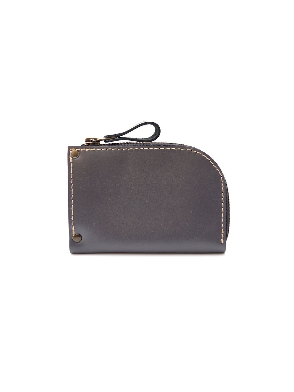 2. Grey leather wallet by TOKS VISOKS with curved zipper and visible stitching on white background