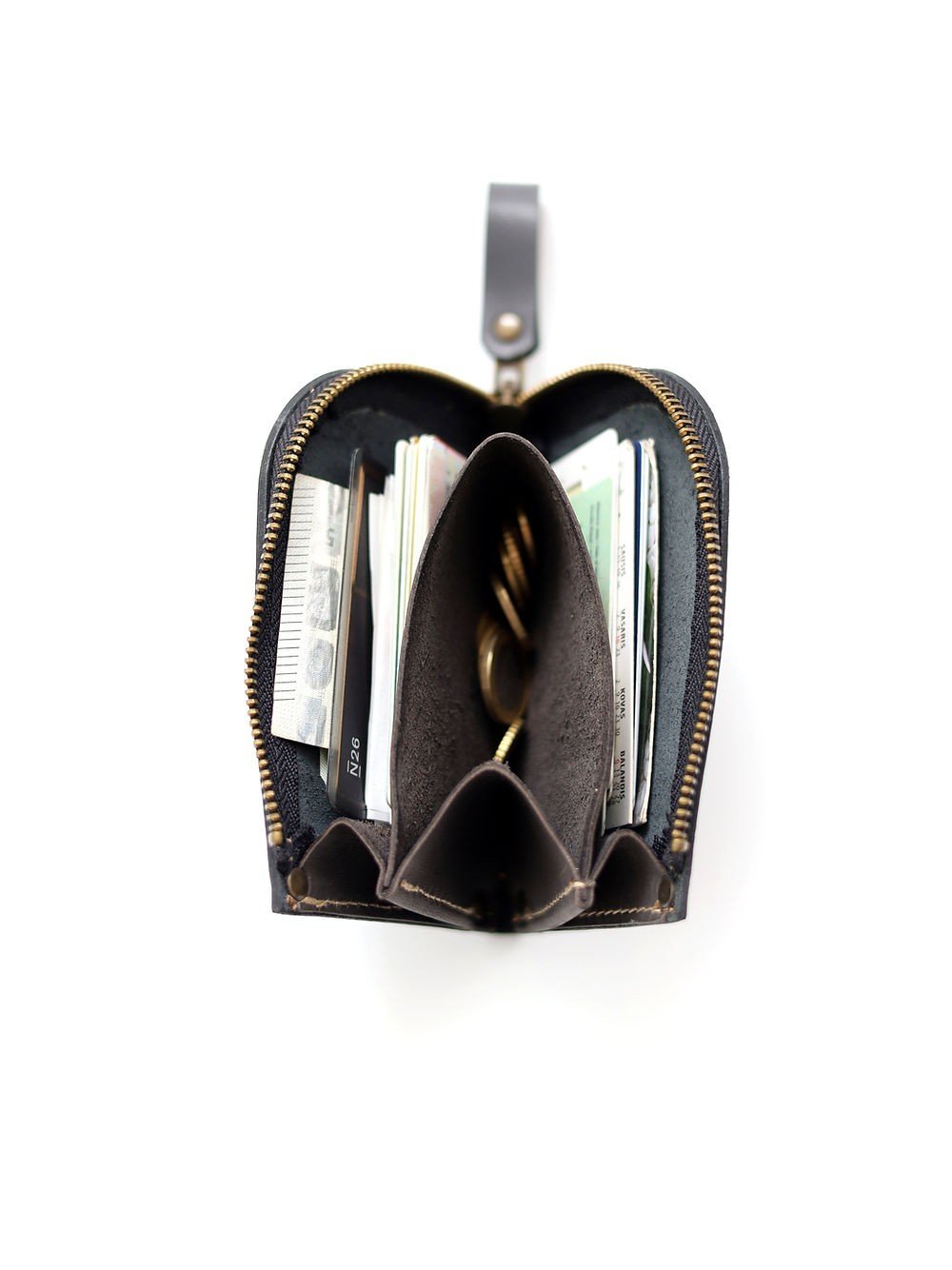 4. Interior view of grey leather wallet by TOKS VISOKS with cards and coins in compartments