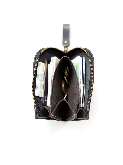 4. Interior view of grey leather wallet by TOKS VISOKS with cards and coins in compartments