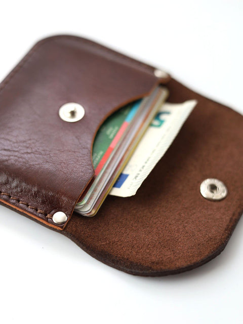 4. Close-up of open Toks Visoks brown and chestnut leather wallet with visible cards and snap closure