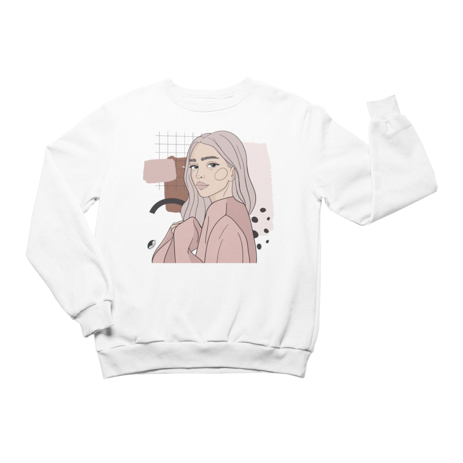2. Unisex white crewneck sweatshirt with illustration by Getter Tiivits, featuring a female portrait, studio setting