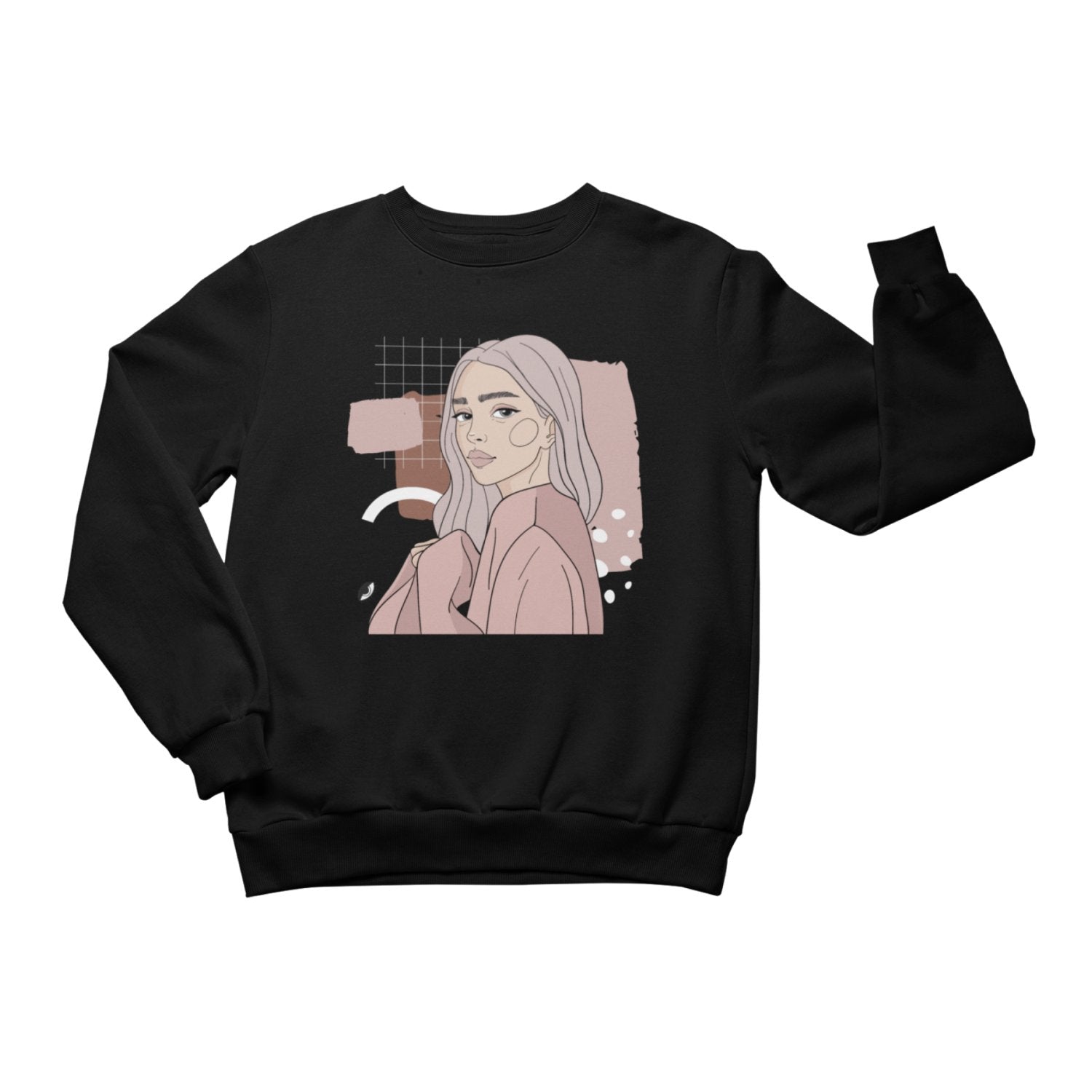 1. Unisex black crewneck sweatshirt with illustration by Getter Tiivits, featuring a female portrait, studio setting