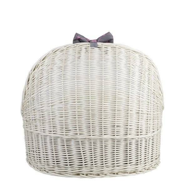 4. Back view of whitewashed wicker pet house with decorative bow on top