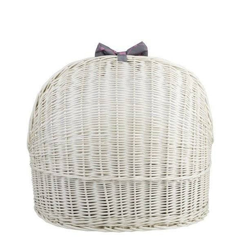 4. Back view of whitewashed wicker pet house with decorative bow on top