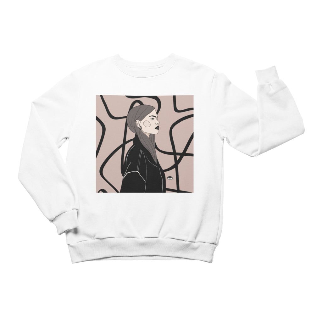 2. Unisex white crewneck sweatshirt with illustration by Getter Tiivits, featuring abstract design, studio setting