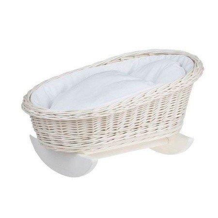 2. Side view of wicker rocking cradle with white bedding, highlighting woven texture