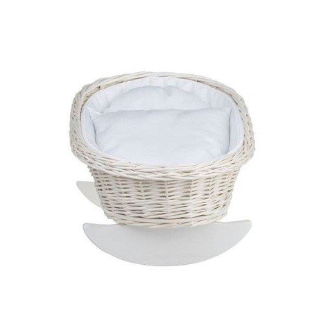 3. Top view of wicker rocking cradle with white bedding, showing interior details