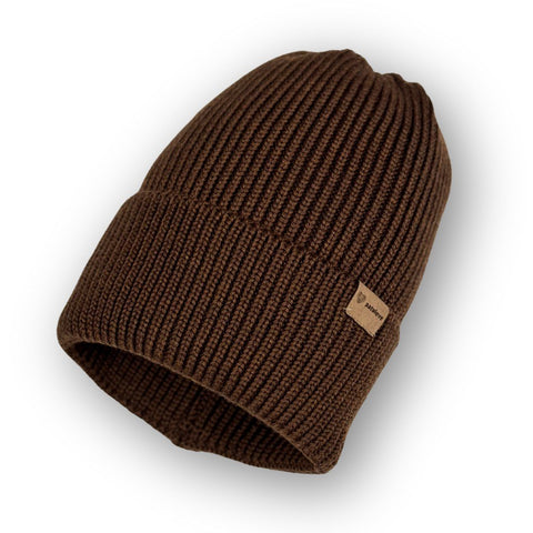 2. Toffee brown merino wool hat for kids with fold-over cuff, featuring Patulove logo on clean white background