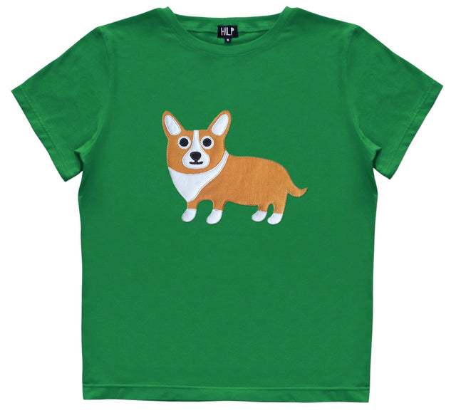 1. Women's green Corgi T-shirt by HILP, featuring a cute corgi graphic, made from eco-friendly cotton blend