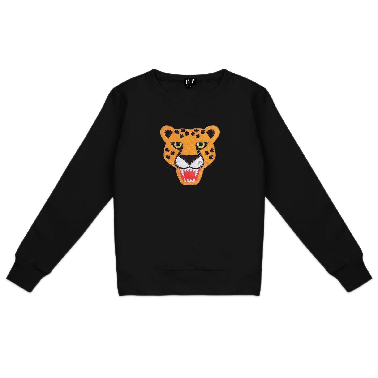 2. Women's black cheetah sweatshirt by HILP, featuring a bold cheetah face graphic, shown in studio setting