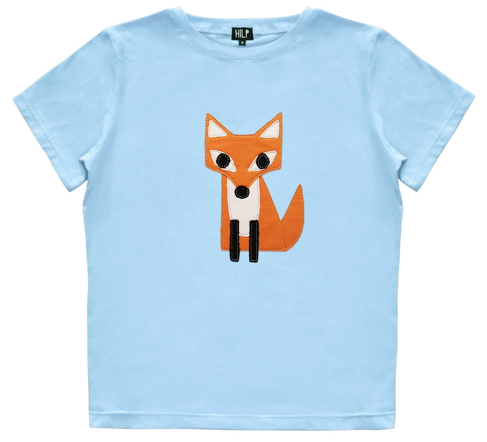 2. Women's light blue HILP Fox T-Shirt with orange fox design, studio setting