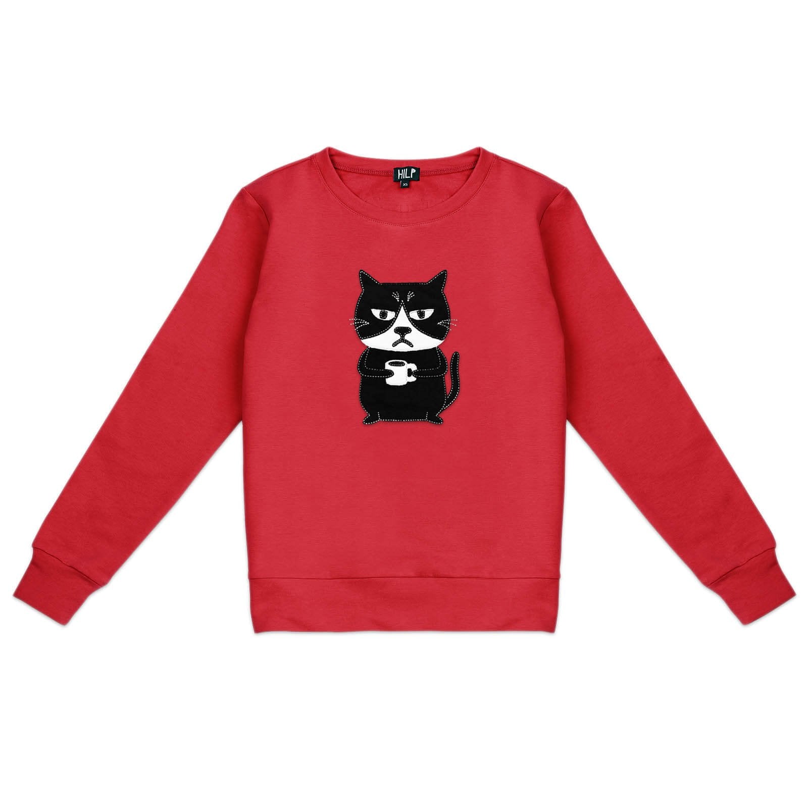 3. Women's red Grumpy Cat sweatshirt by HILP, featuring a playful cat graphic, shown in studio setting