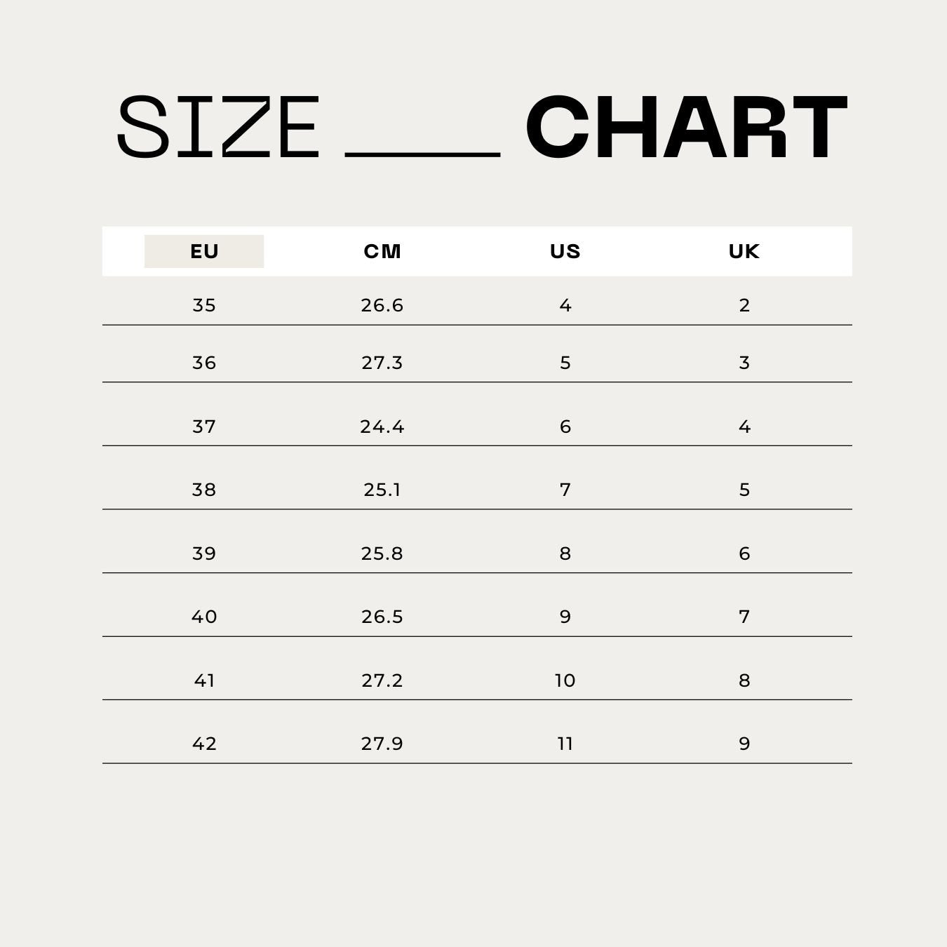5. Size chart for Daz Studio sandals showing EU, CM, US, and UK sizes from 35 to 42
