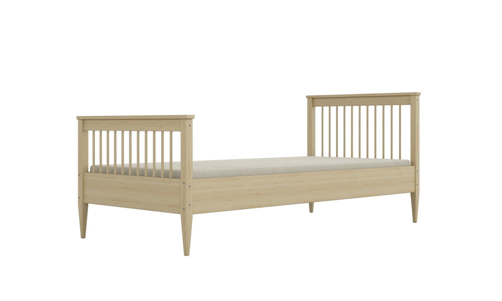 7. Natural finish wooden bed with slatted headboard in studio setting