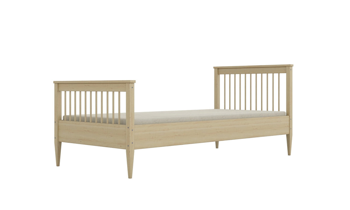 7. Natural finish wooden bed with slatted headboard in studio setting