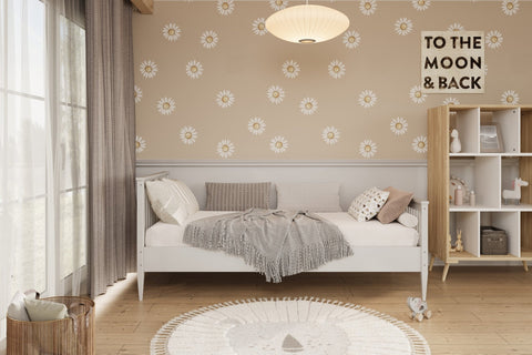 5. White wooden bed in bright bedroom with floral wallpaper and decorative pillows