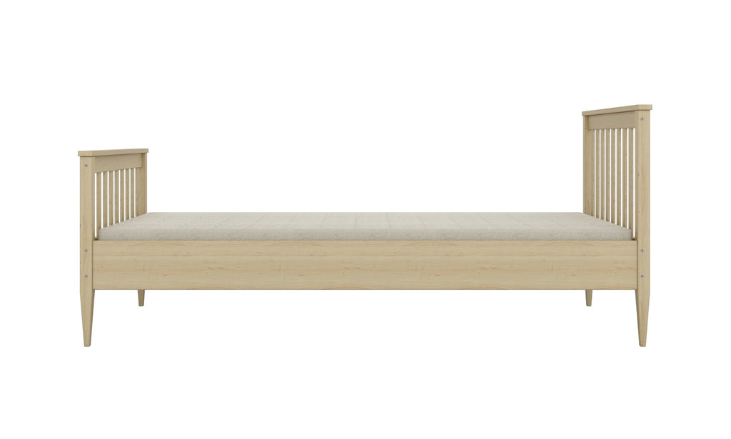 2. Natural finish wooden bed with slatted headboard and footboard on a white background