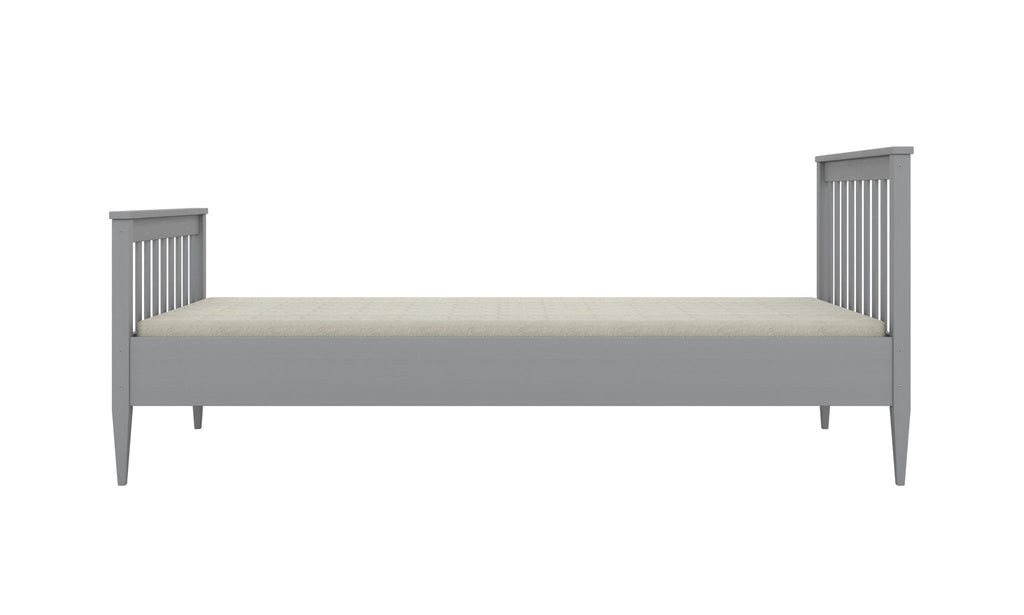 2. Gray wooden bed with slatted headboard and footboard on a white background