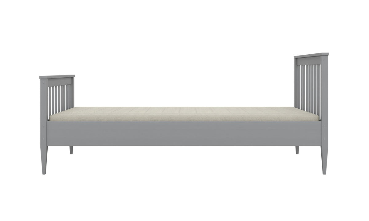 2. Gray wooden bed with slatted headboard and footboard on a white background
