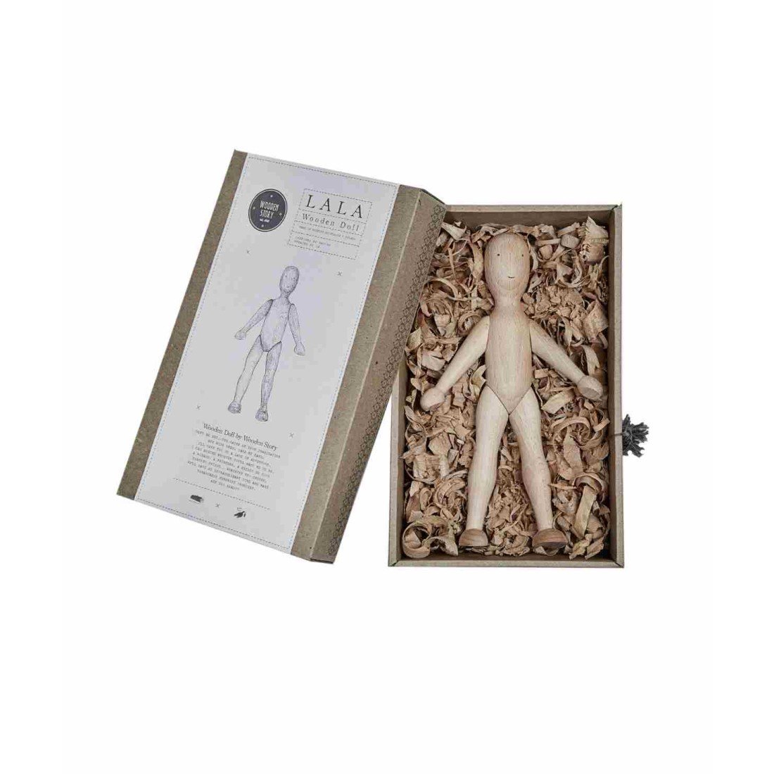 16. Open box with Wooden Story beech doll nestled in shredded paper packaging