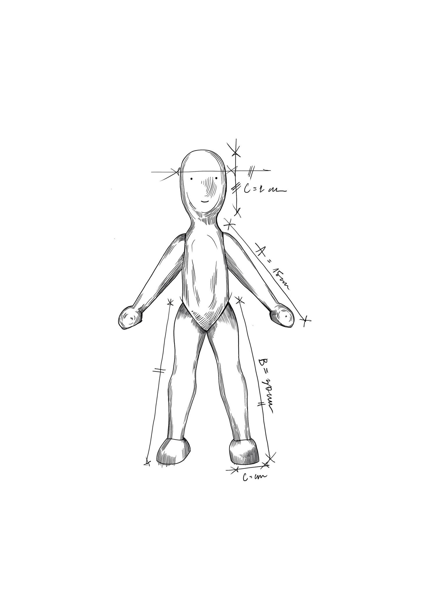 5. Size chart illustration for Wooden Beech Doll with Pants showing dimensions in centimeters