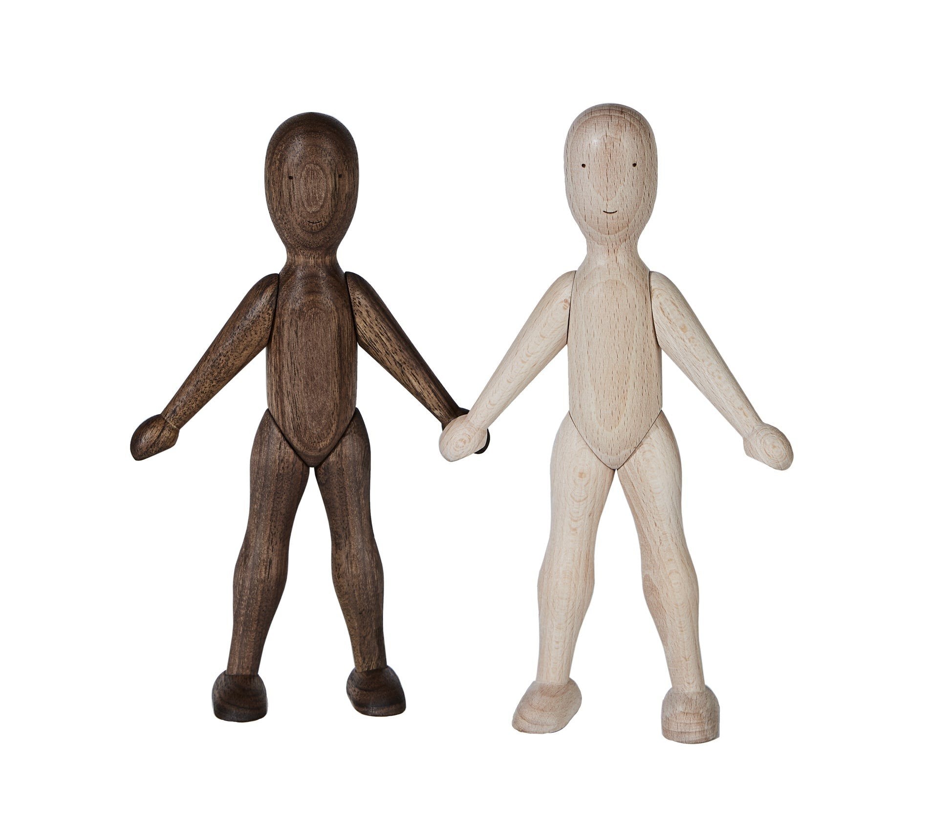 2. Wooden Walnut and Beech Dolls standing side by side on white background