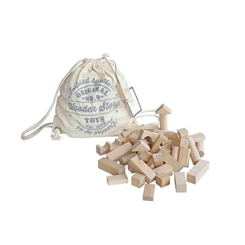 2. Studio shot of Wooden Story natural wooden blocks with drawstring bag featuring brand logo, showcasing 50 pieces in various shapes on a white background