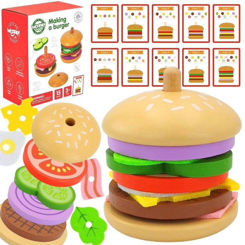 8. Wooden burger puzzle set with packaging and recipe cards, showcasing colorful stackable ingredients