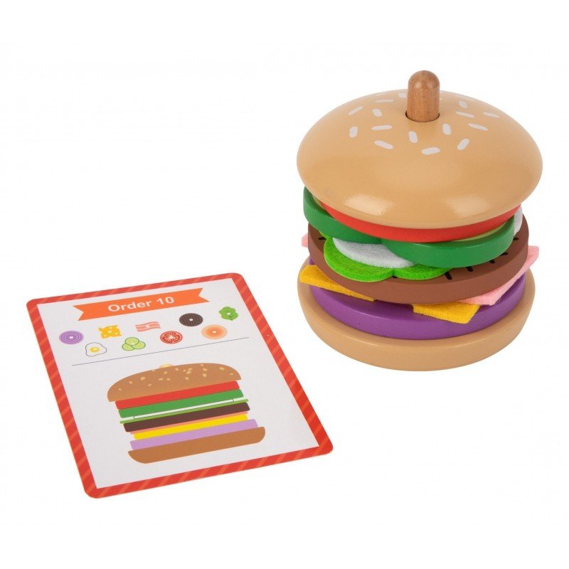 1. Wooden burger puzzle with recipe card showing order 10, featuring colorful stackable ingredients on a white background