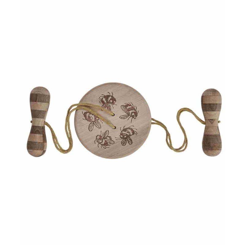 2. Wooden Buzz Spinner with bumblebee design and striped handles on a white background