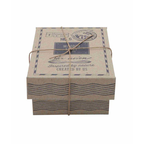 4. Flat lay of Wooden Story packaging box with vintage design and tied with string
